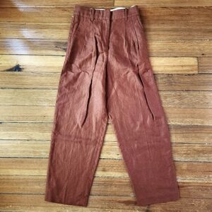 Aritzia Effortless Burnt Orange Pleated Linen Blend Trouser Pants